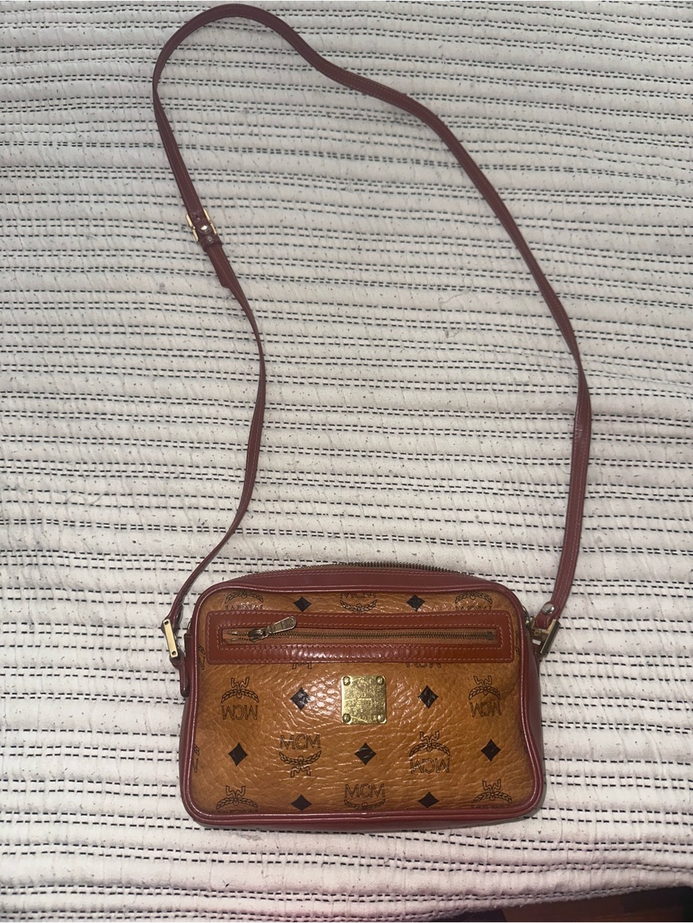 Vintage MCM Cognac Crossbody Bag with Red-Brown Trim